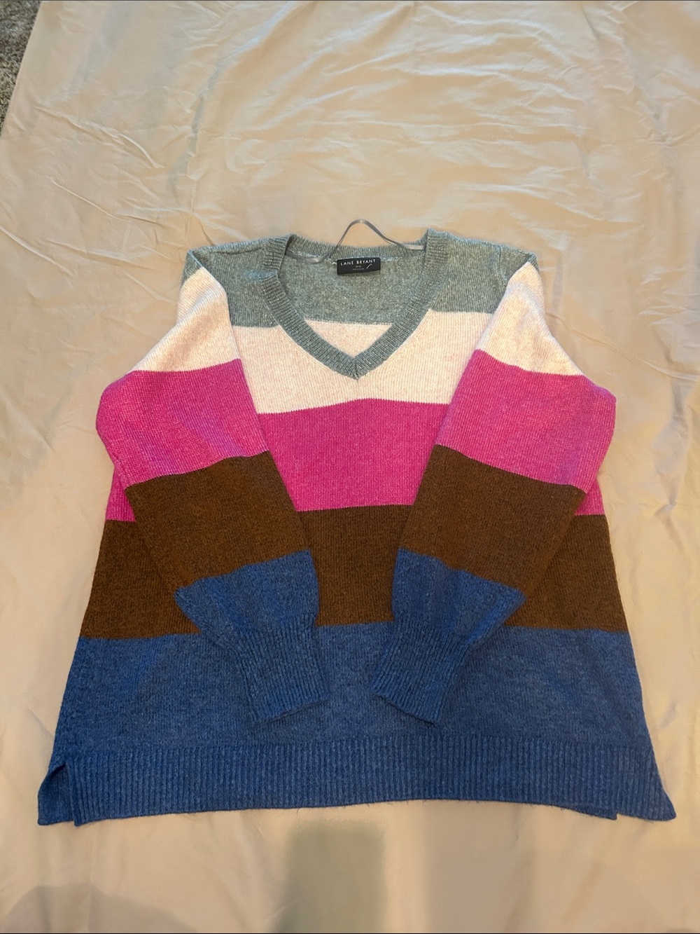 Lane Bryant Striped V-Neck Sweater in Pink, Blue, Brown, Gray, Cream size 18/20